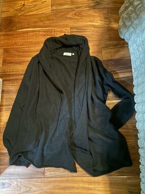 100% Cashmere Black Open Cardigan Drape Front Shawl Collar XS Lightweight (0846)